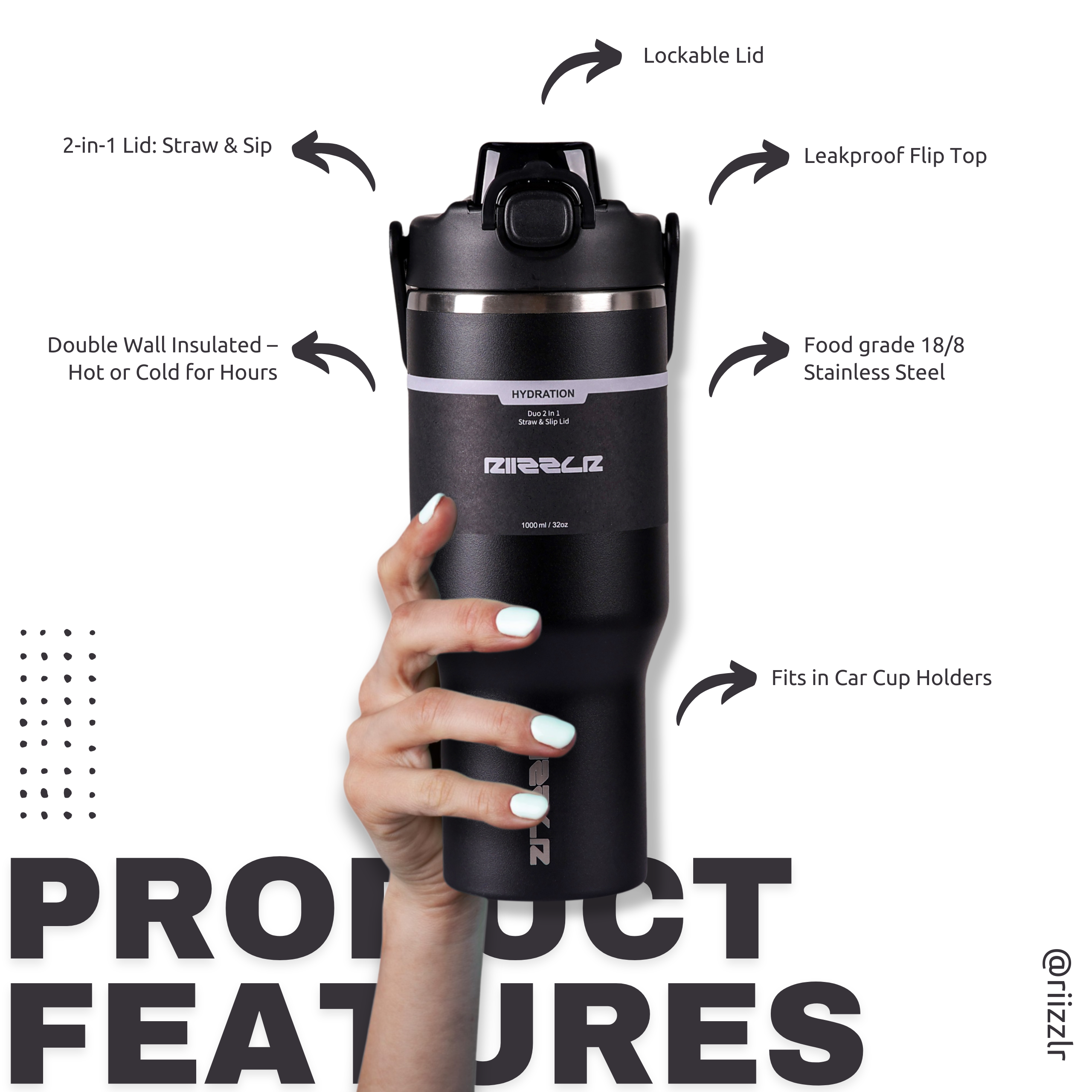 Black insulated tumbler held by a hand with product features highlighted on a white background