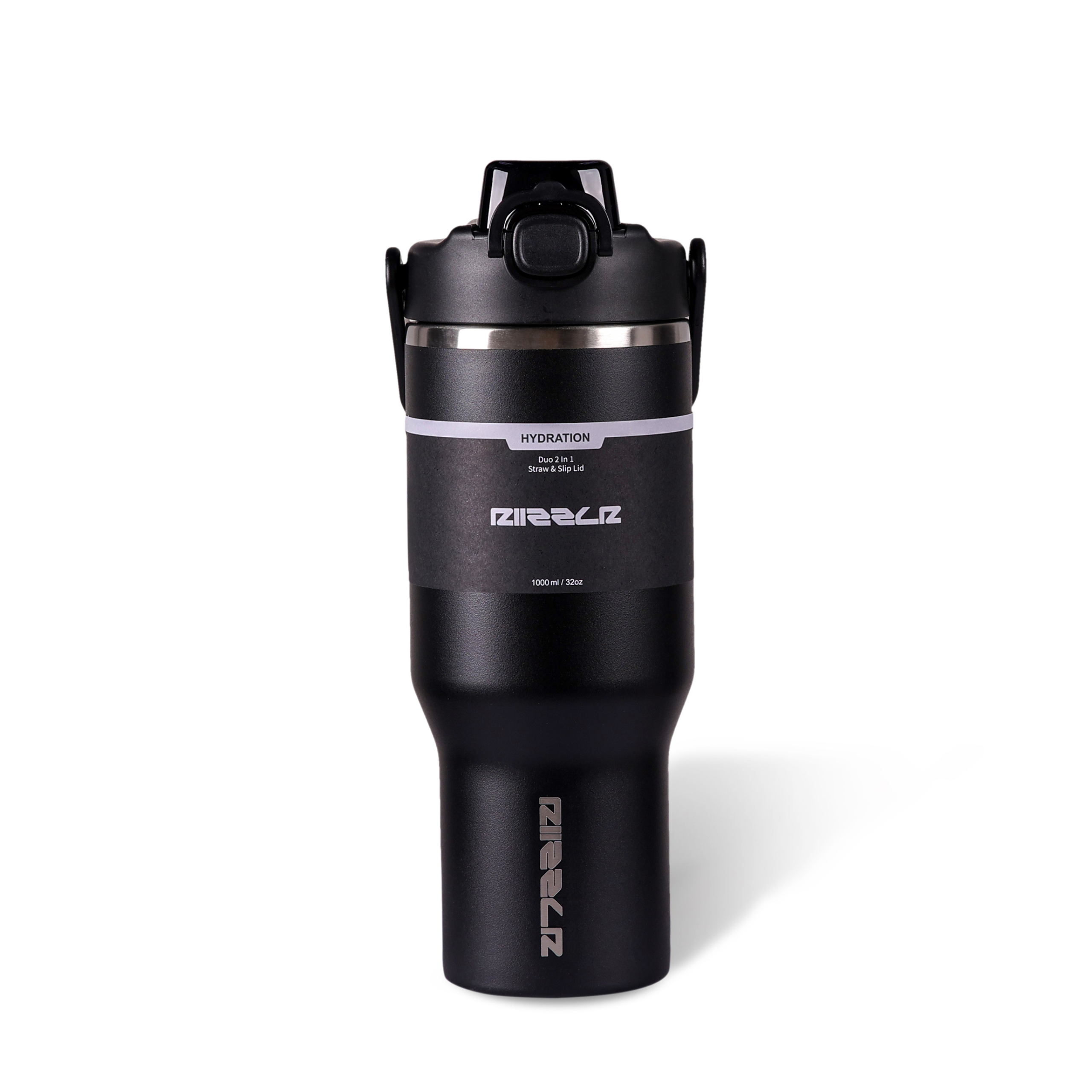 Black insulated mug with brand logo on a white background