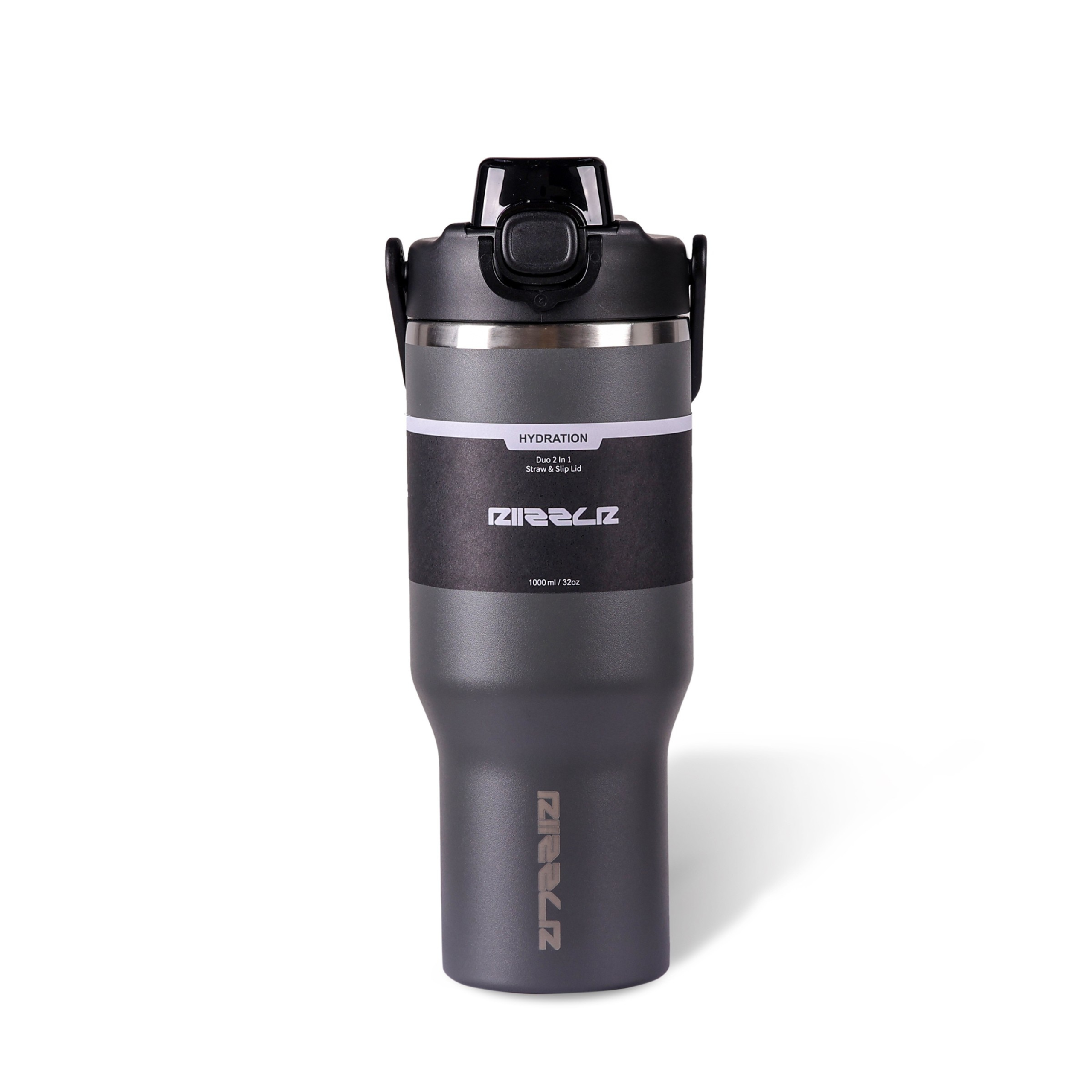 Gray and black water bottle with brand logo on a white background