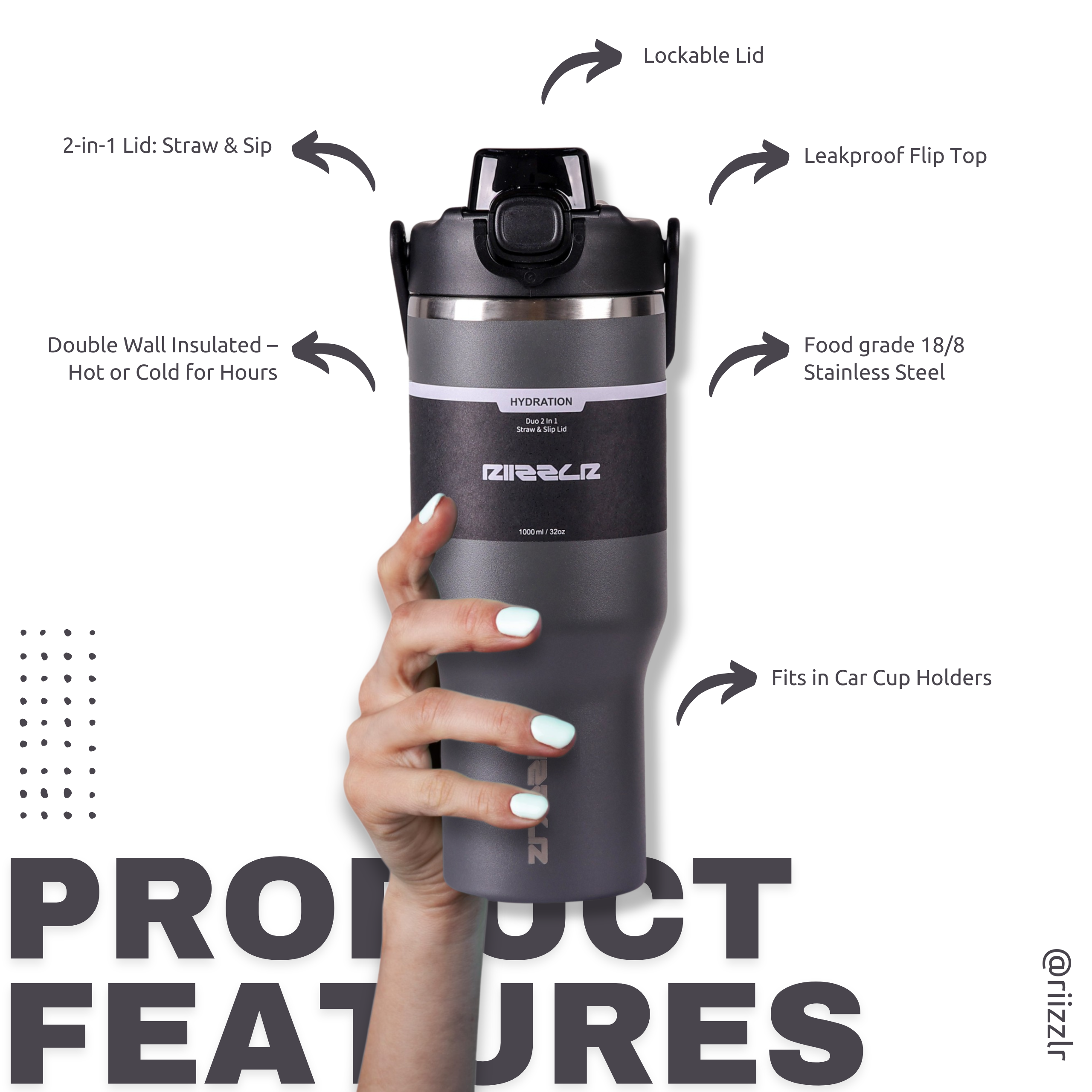 Gray insulated water bottle held by a hand with product features highlighted on a white background