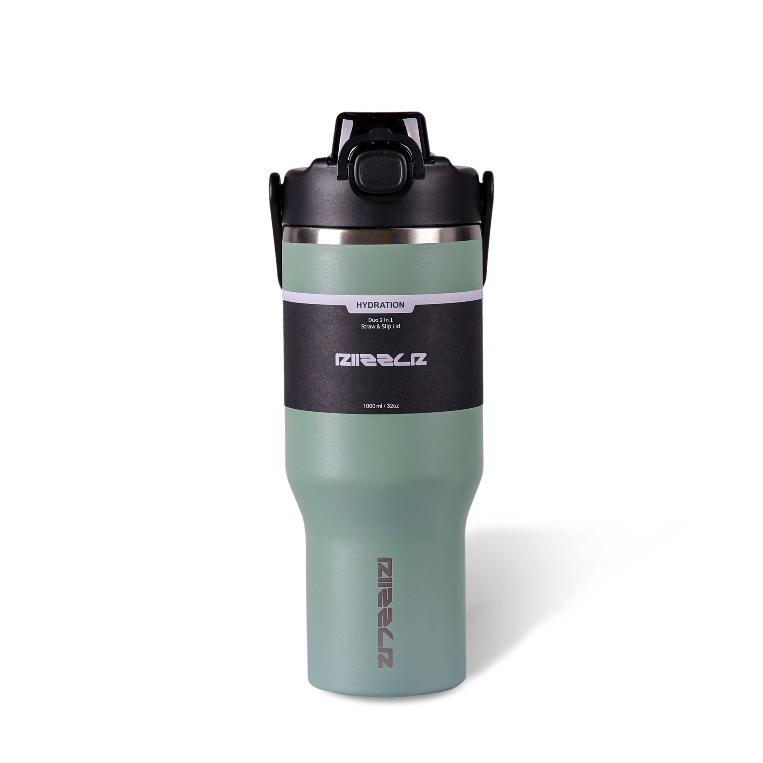Green water bottle with black lid on a white background