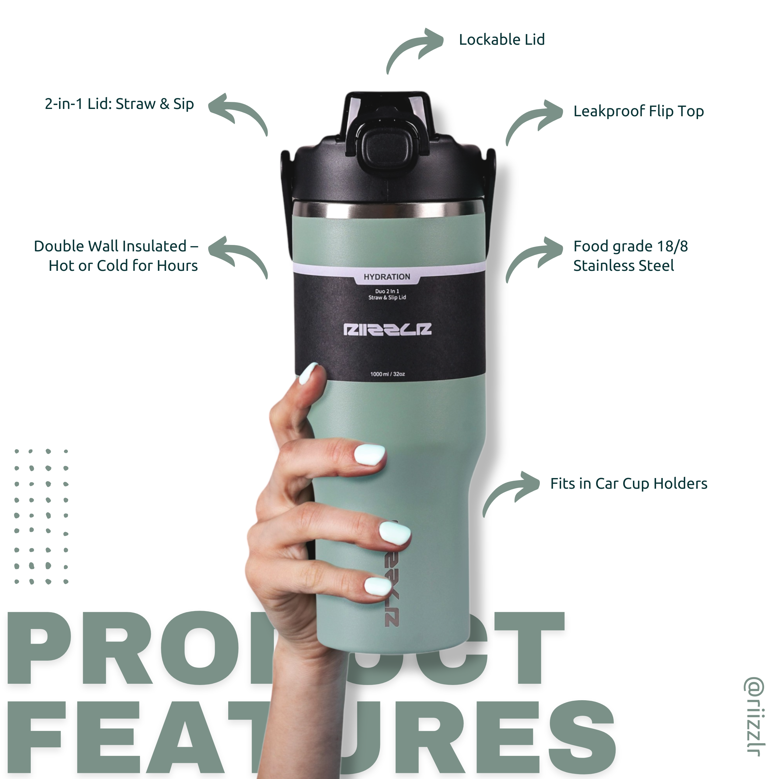 Green insulated tumbler with features highlighted on a white background