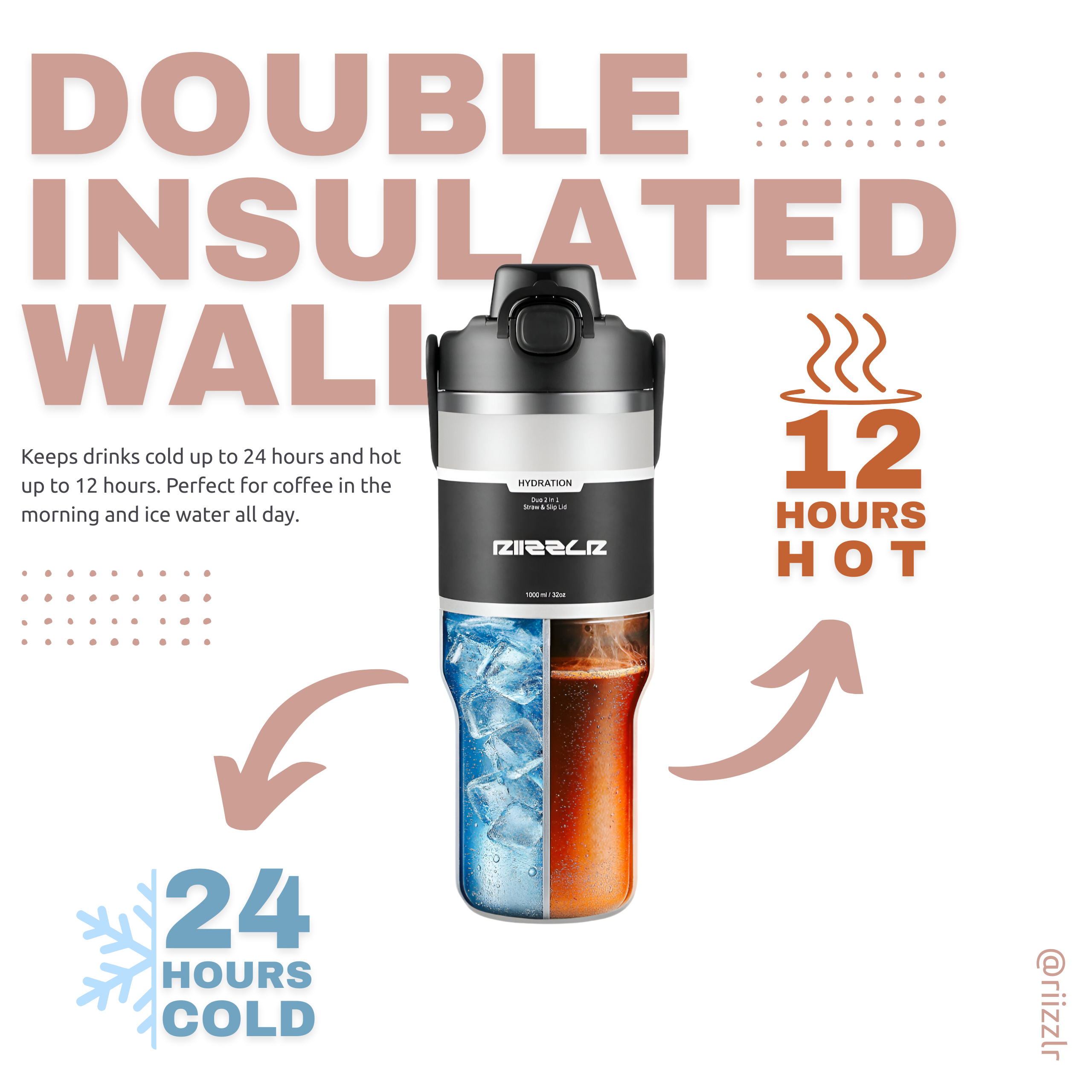 Double insulated wall tumbler with temperature retention features on a white background
