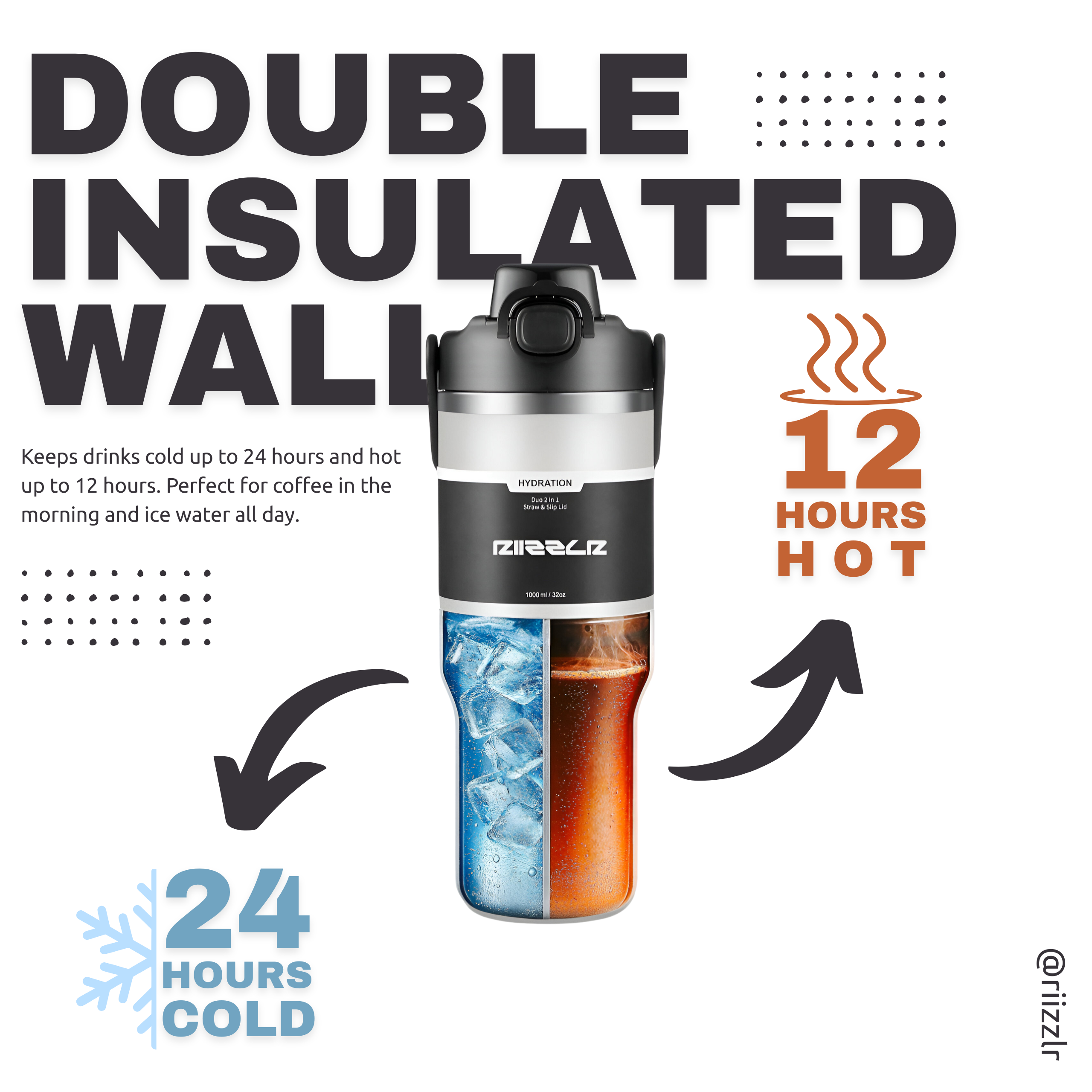 Insulated tumbler with temperature retention features on a white background