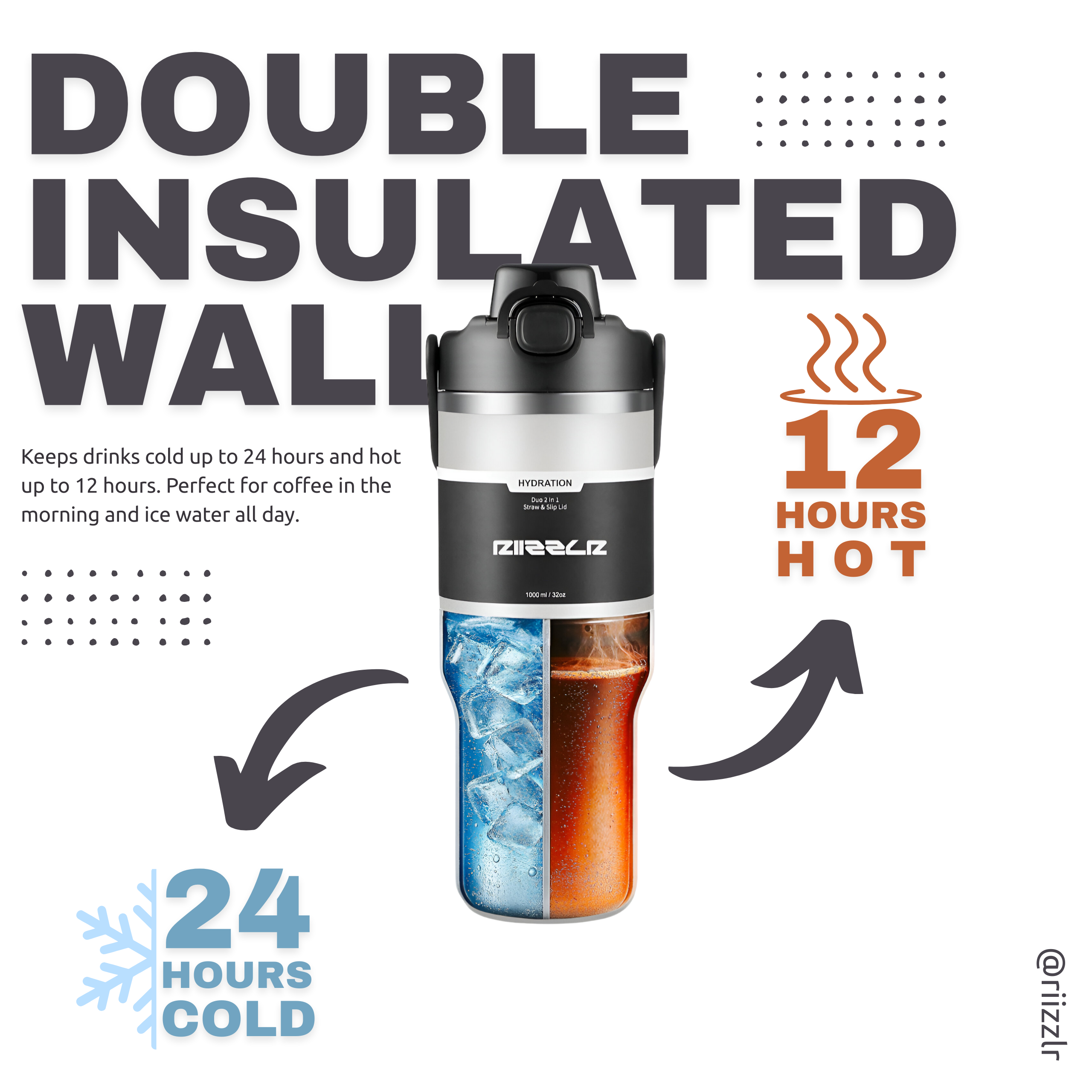 Gray - Double insulated wall tumbler with temperature retention features on a white background