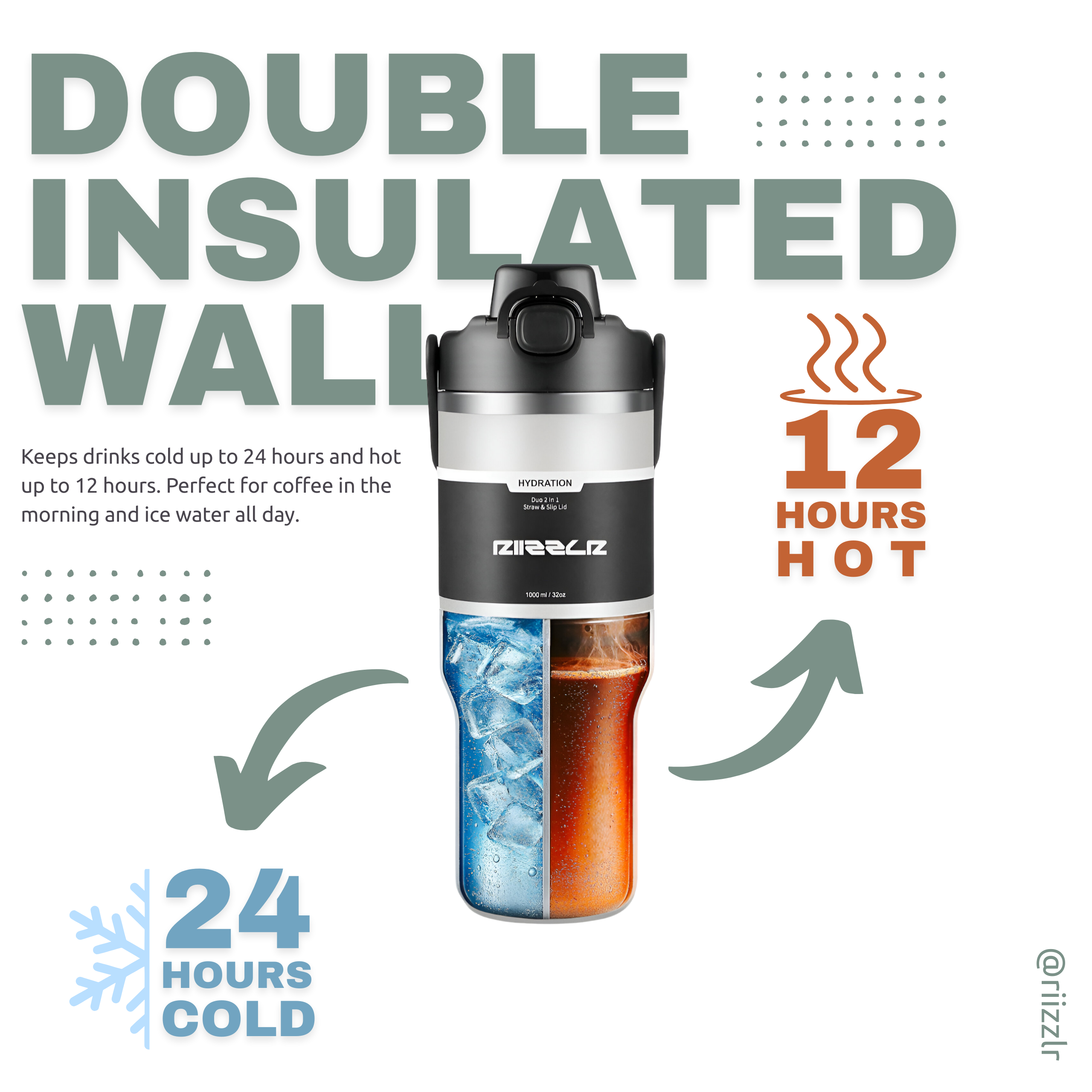 Double insulated wall tumbler with temperature retention features on a white background