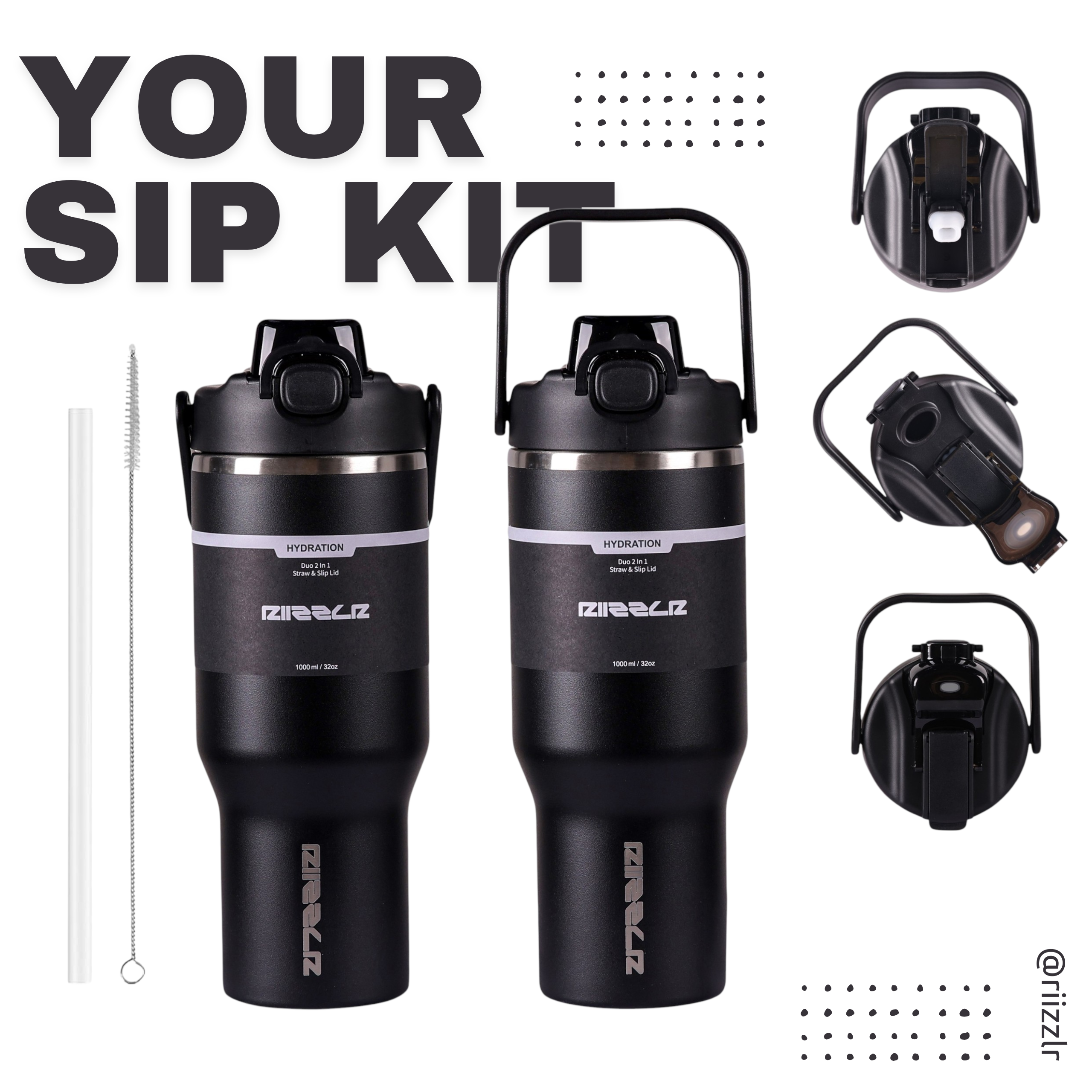 Black insulated tumblers with accessories on a white background, featuring the brand 'Riizzlr'.