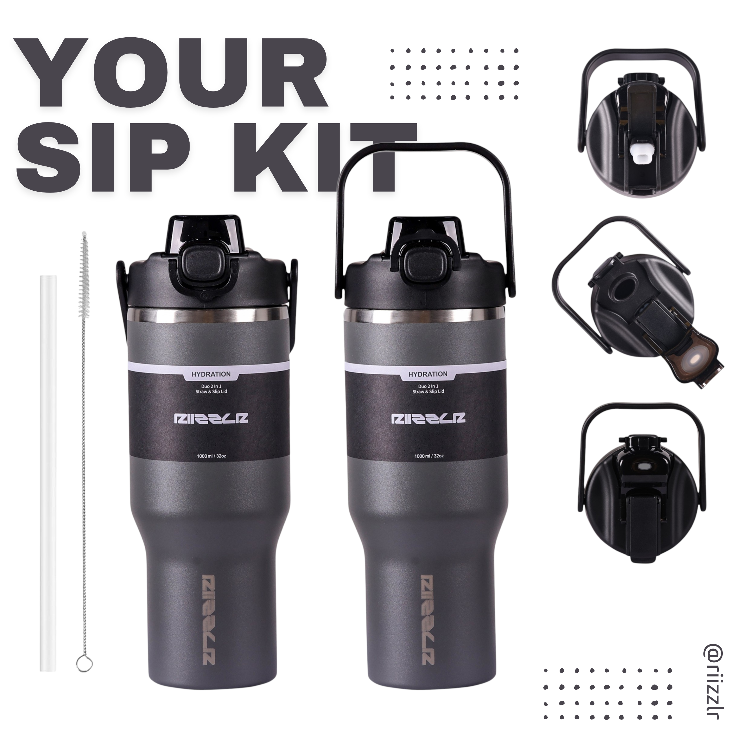 Gray Two Gray and silver sip kits with accessories on a white background
