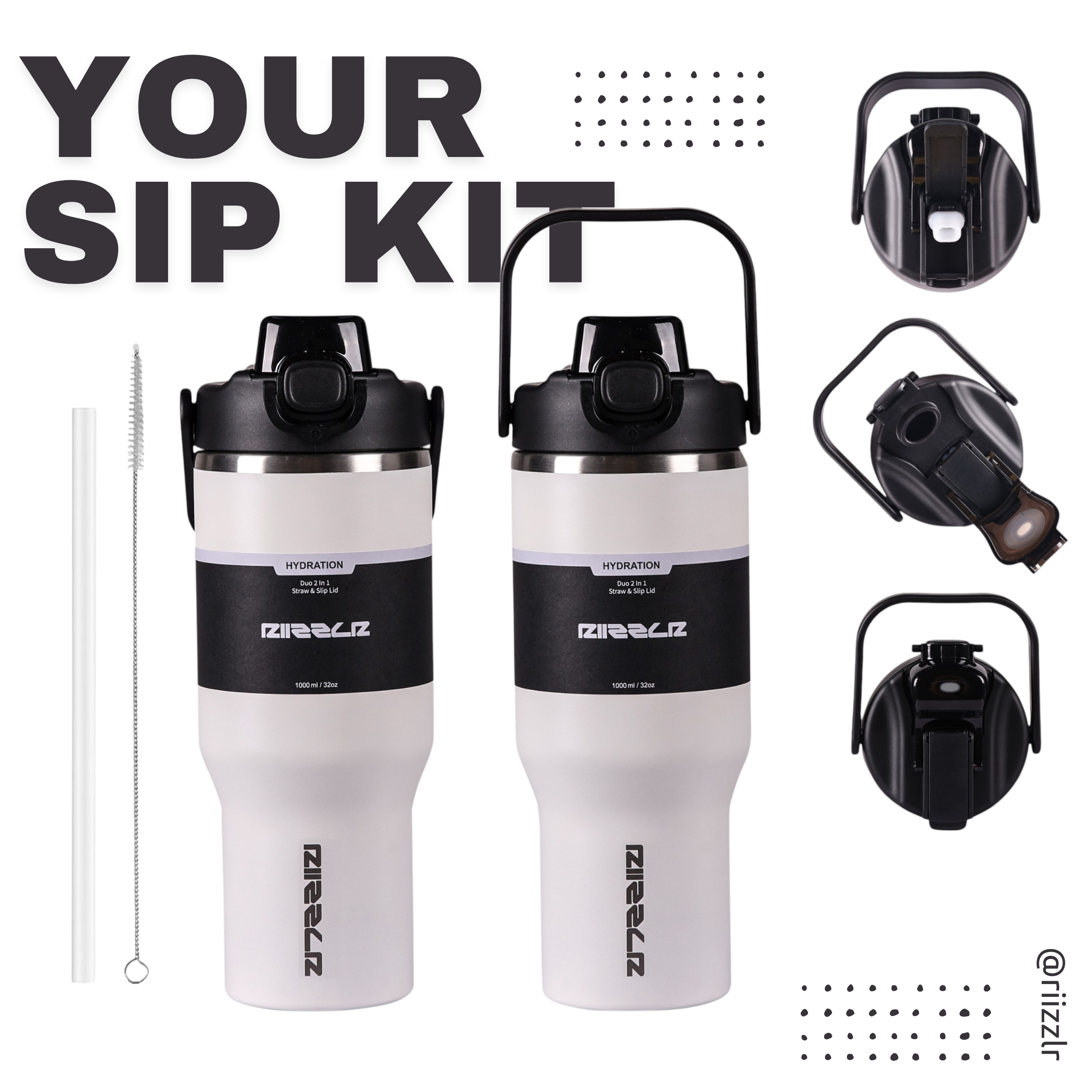 White sip kit with black accents including two water bottles, straws, and nozzles on a white background.