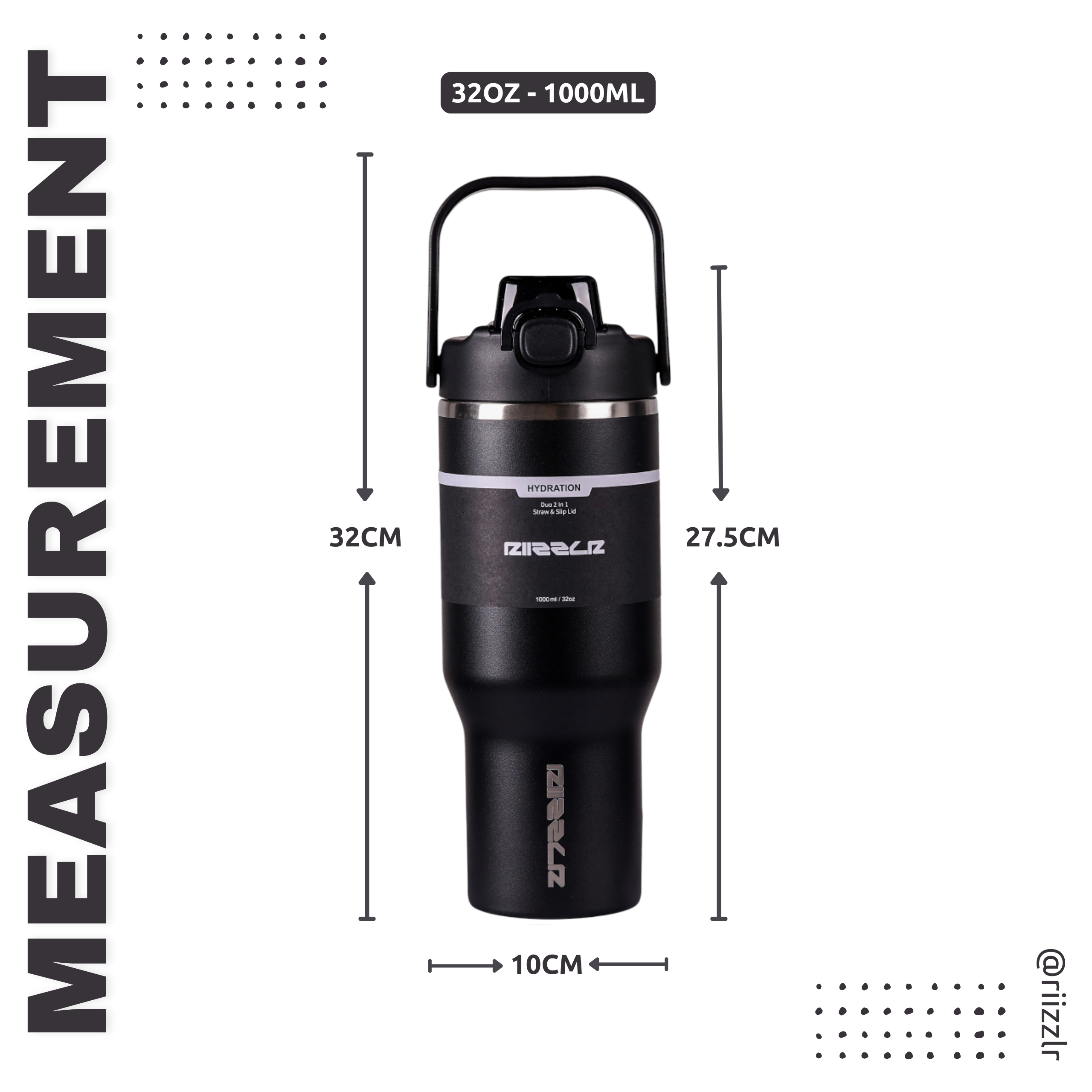 Black insulated mug with measurements on a white background