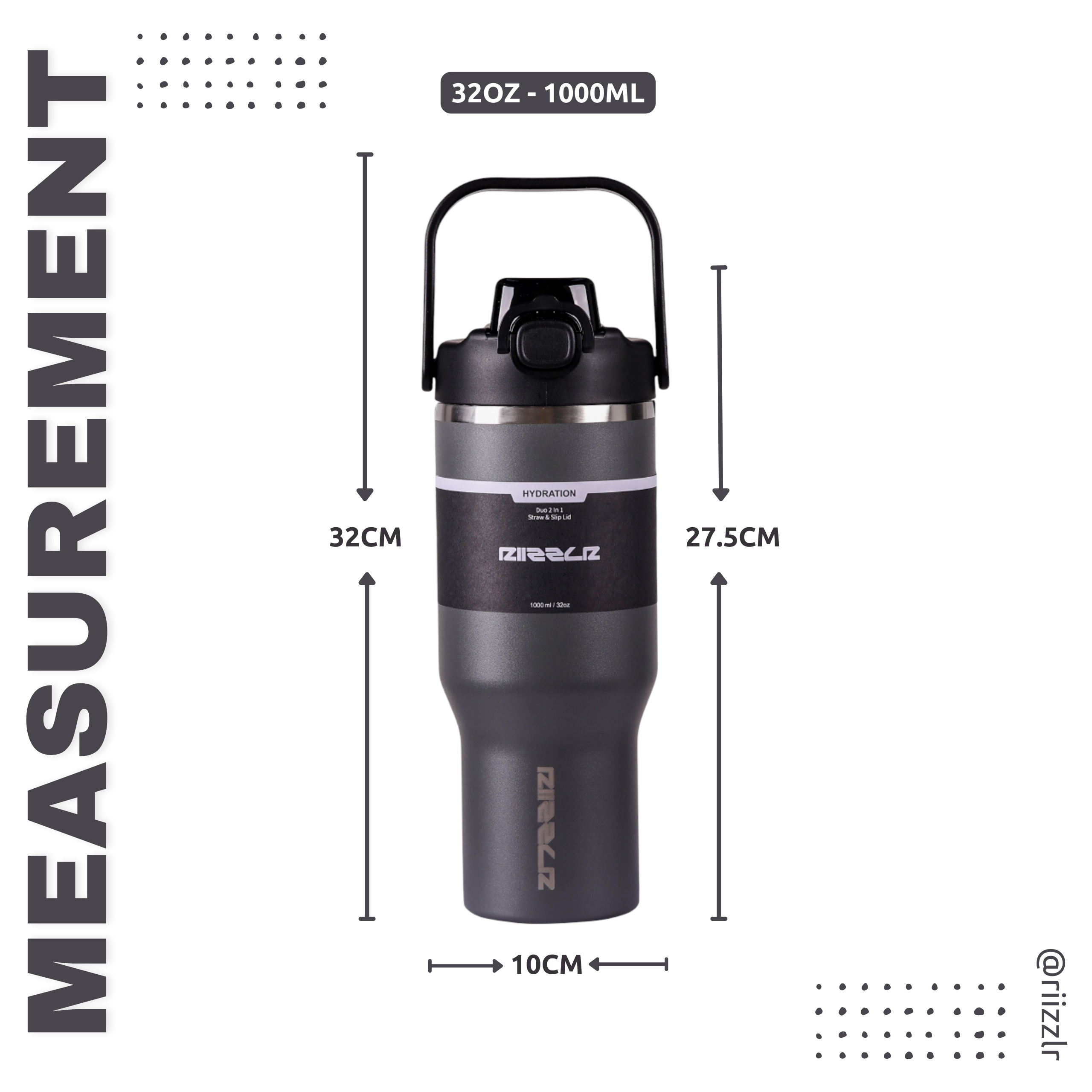Gray insulated tumbler with measurements on a white background