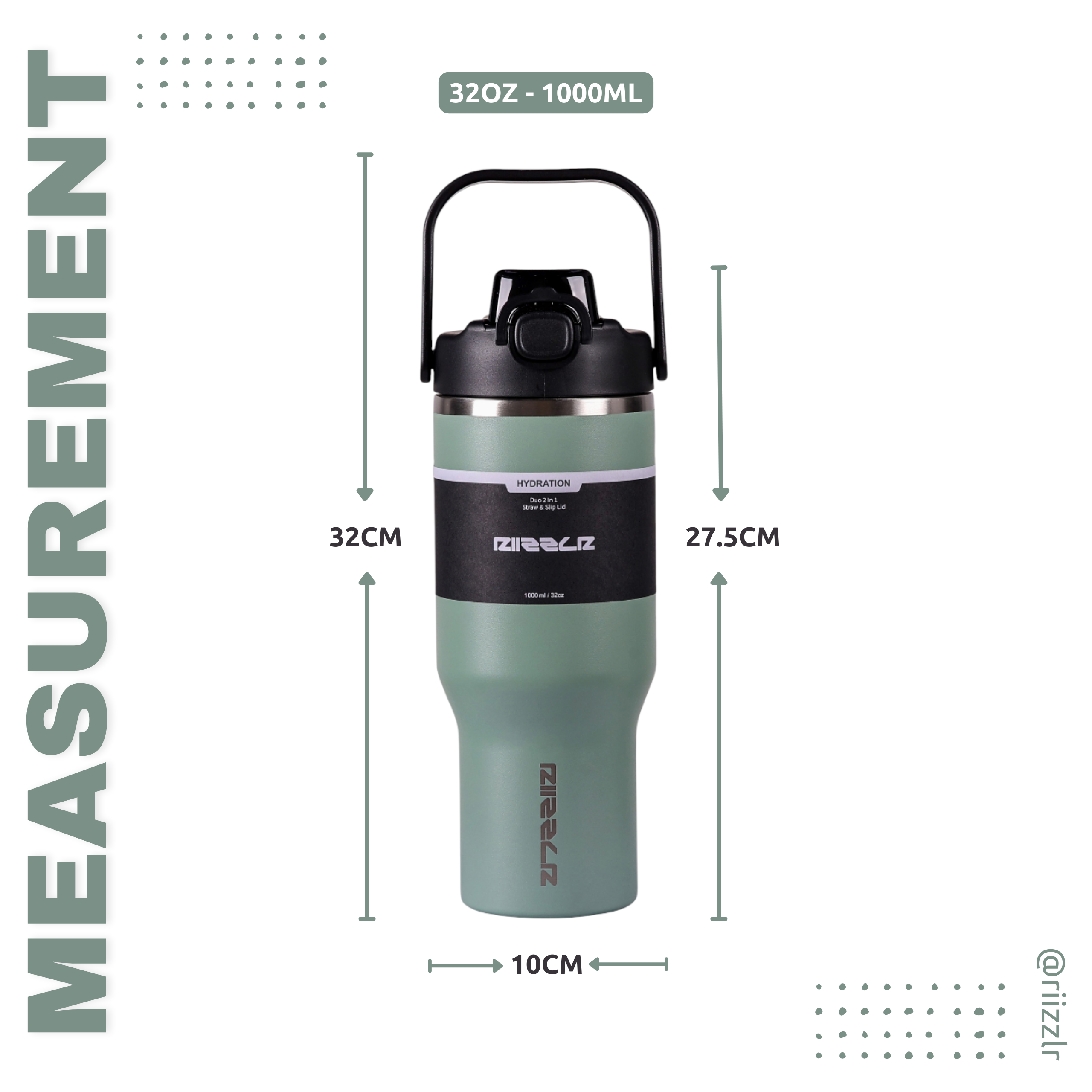 Green insulated mug with measurements on a white background