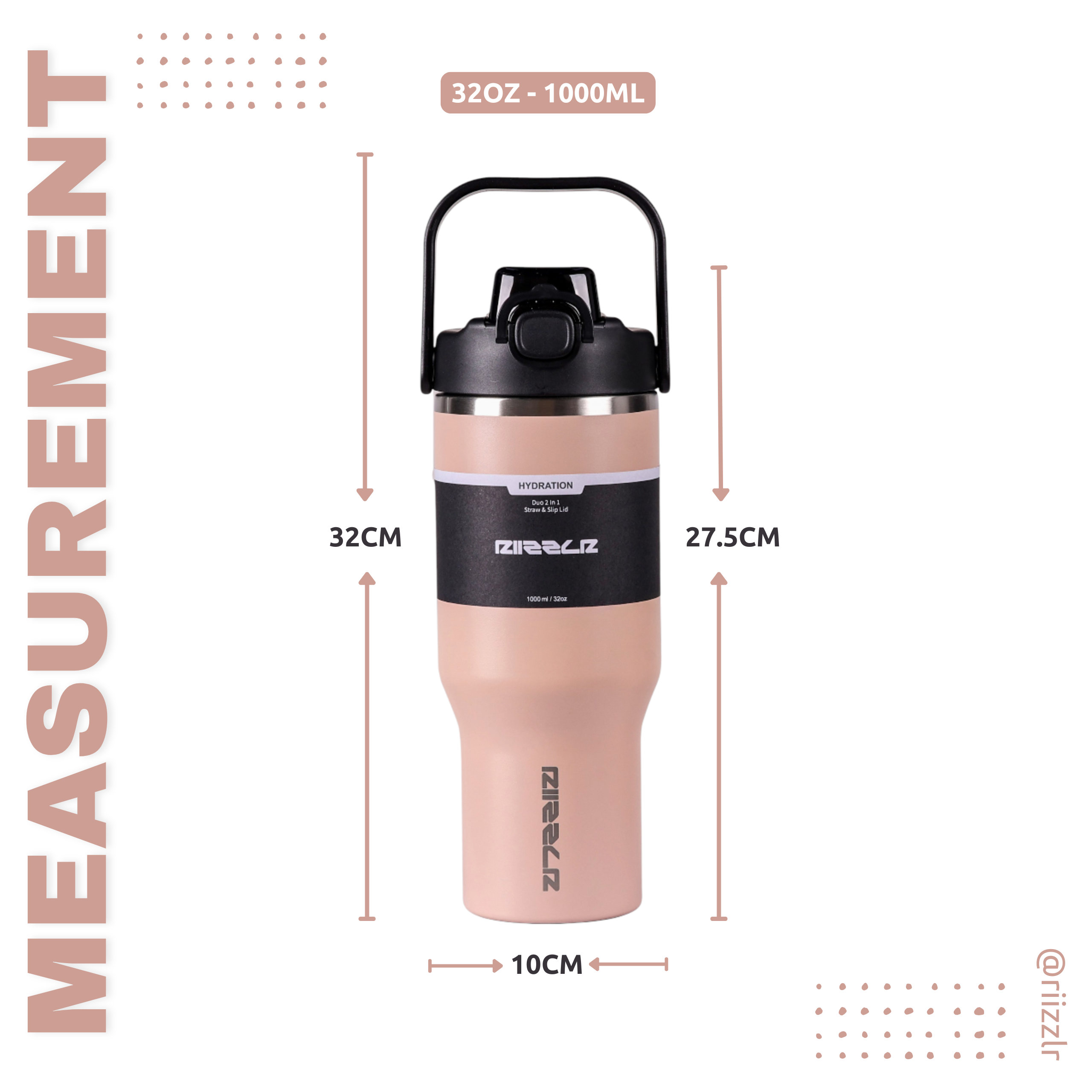 Measurement chart of a pink insulated tumbler with black lid on a white background