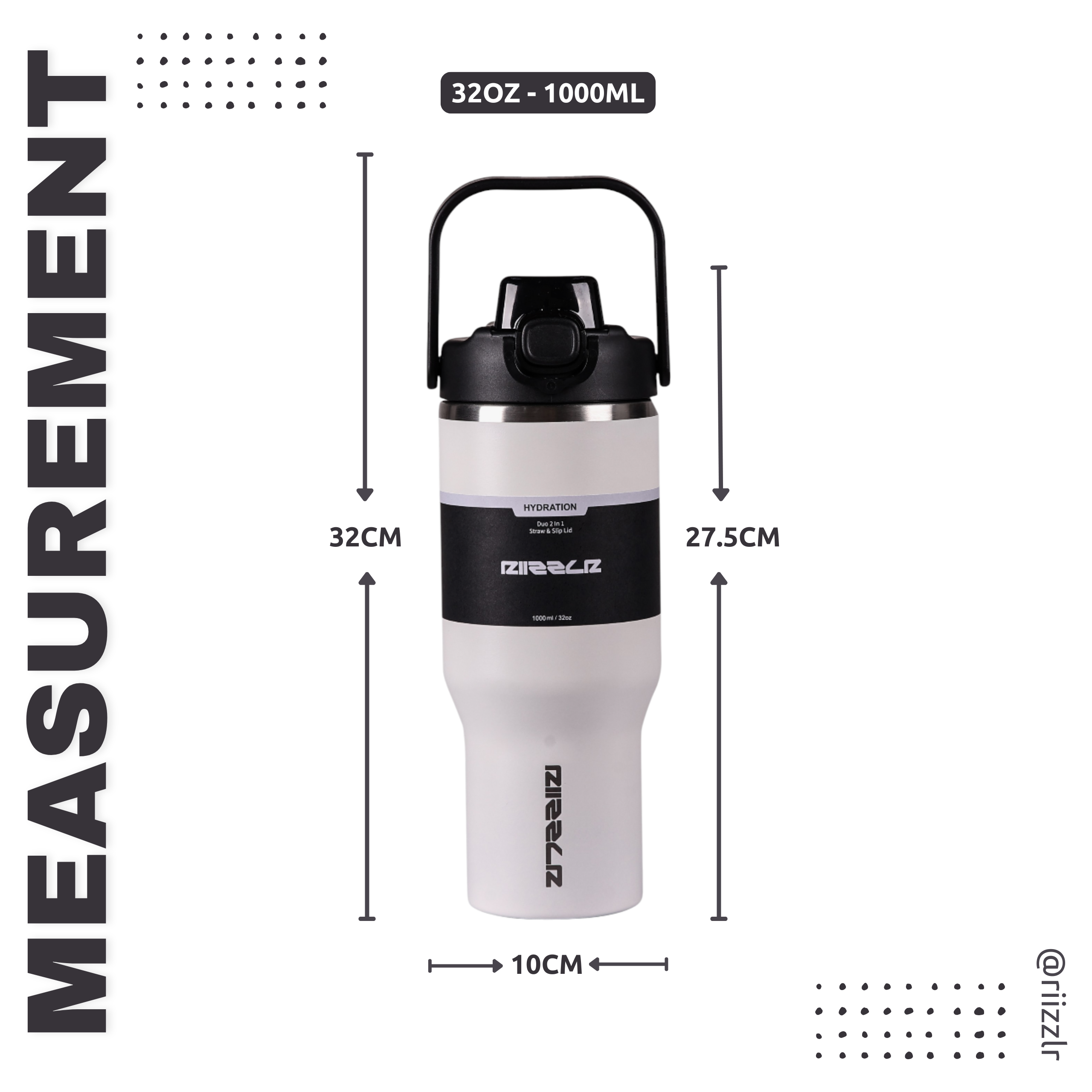 Measurement chart of a white and black water bottle with riizzlr branding.