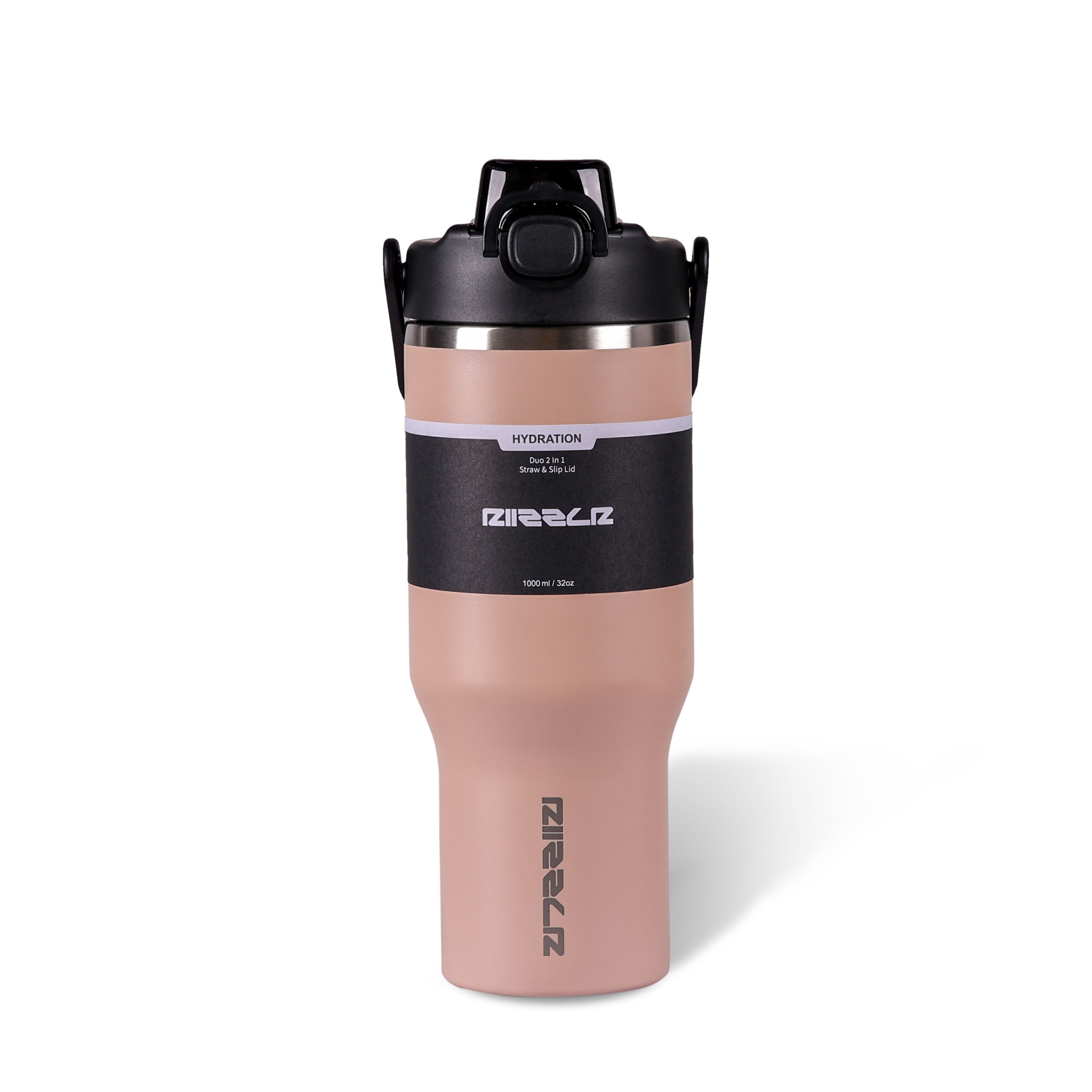 Pink water bottle with black cap and label on a white background
