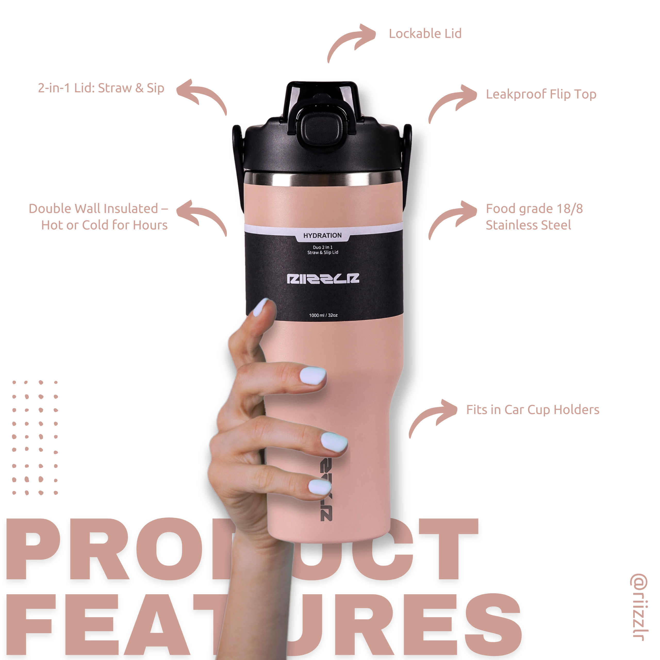 Pink insulated shaker bottle held by a hand with product features highlighted on a white background.
