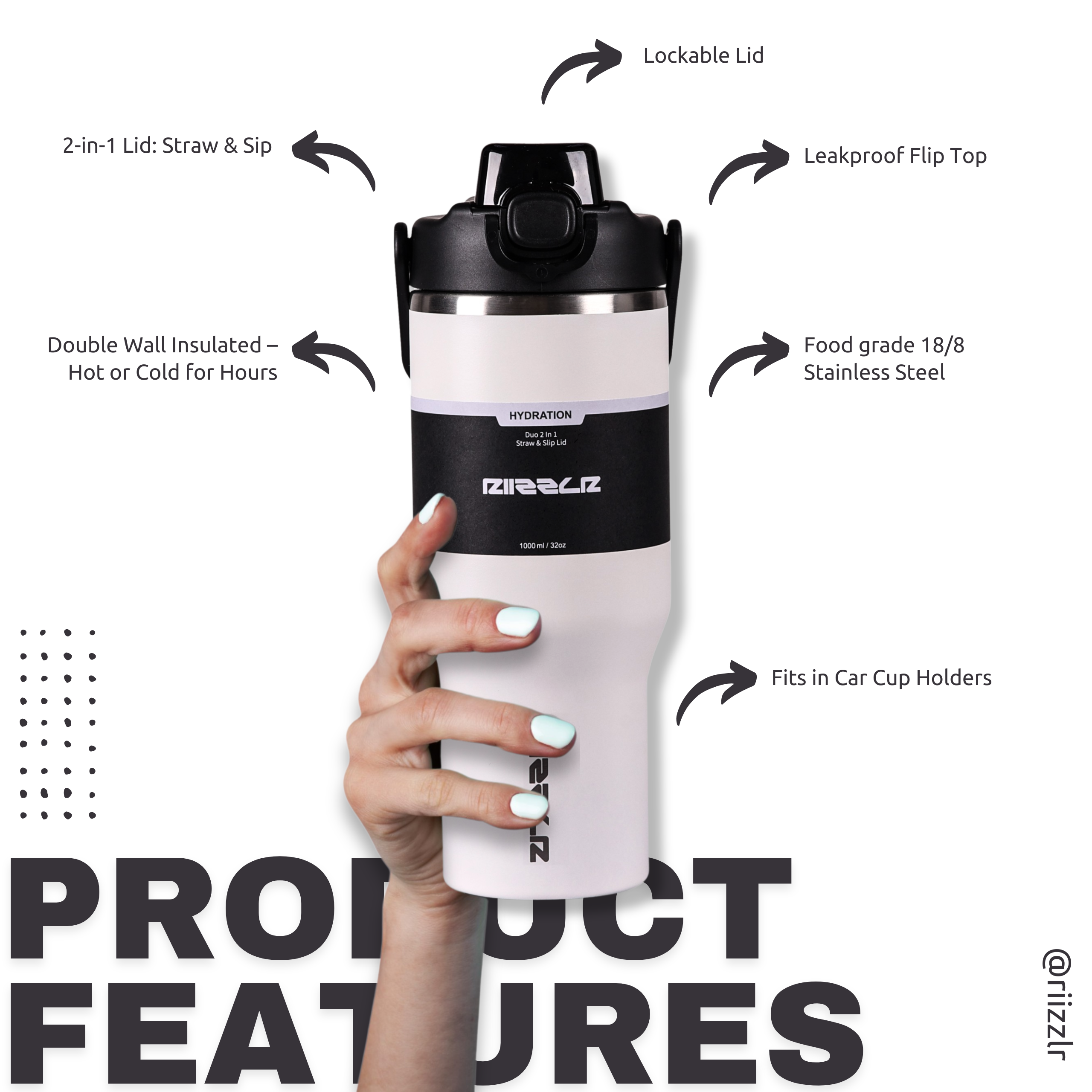 White and black insulated shaker bottle held by a hand with product features listed.