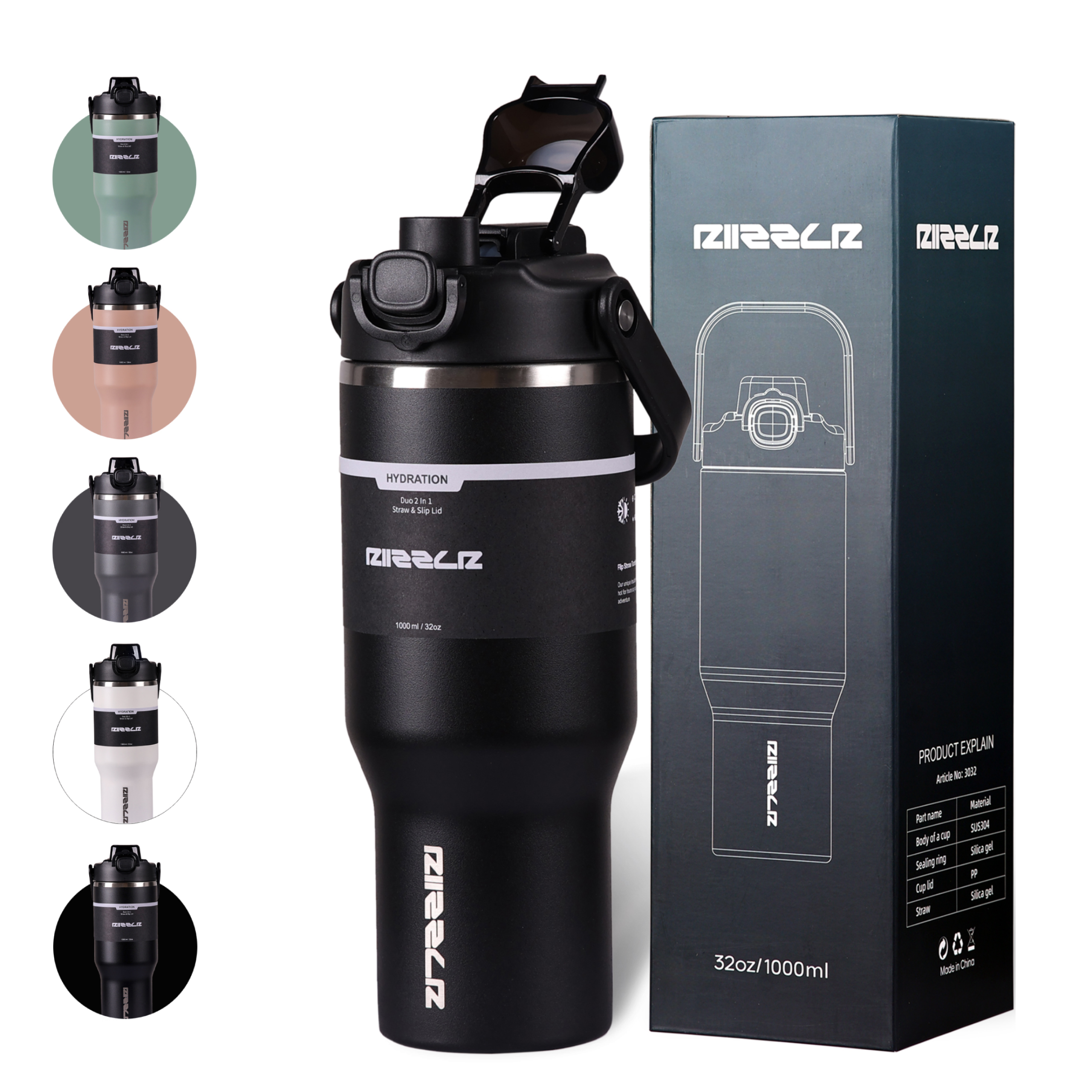 Black shaker bottle with various angles shown and a matching box on a white background