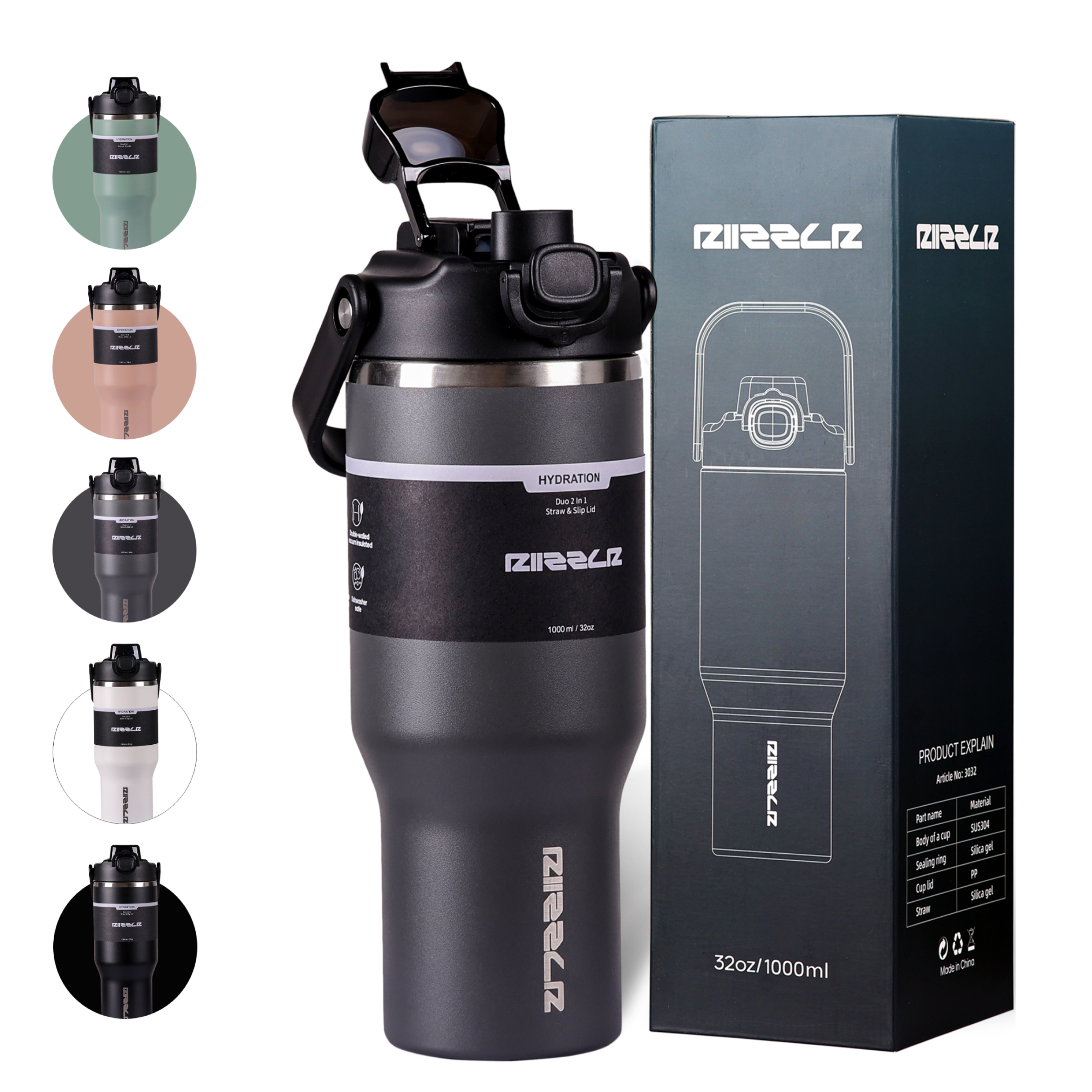 Black water bottle with multiple views and packaging on a white background