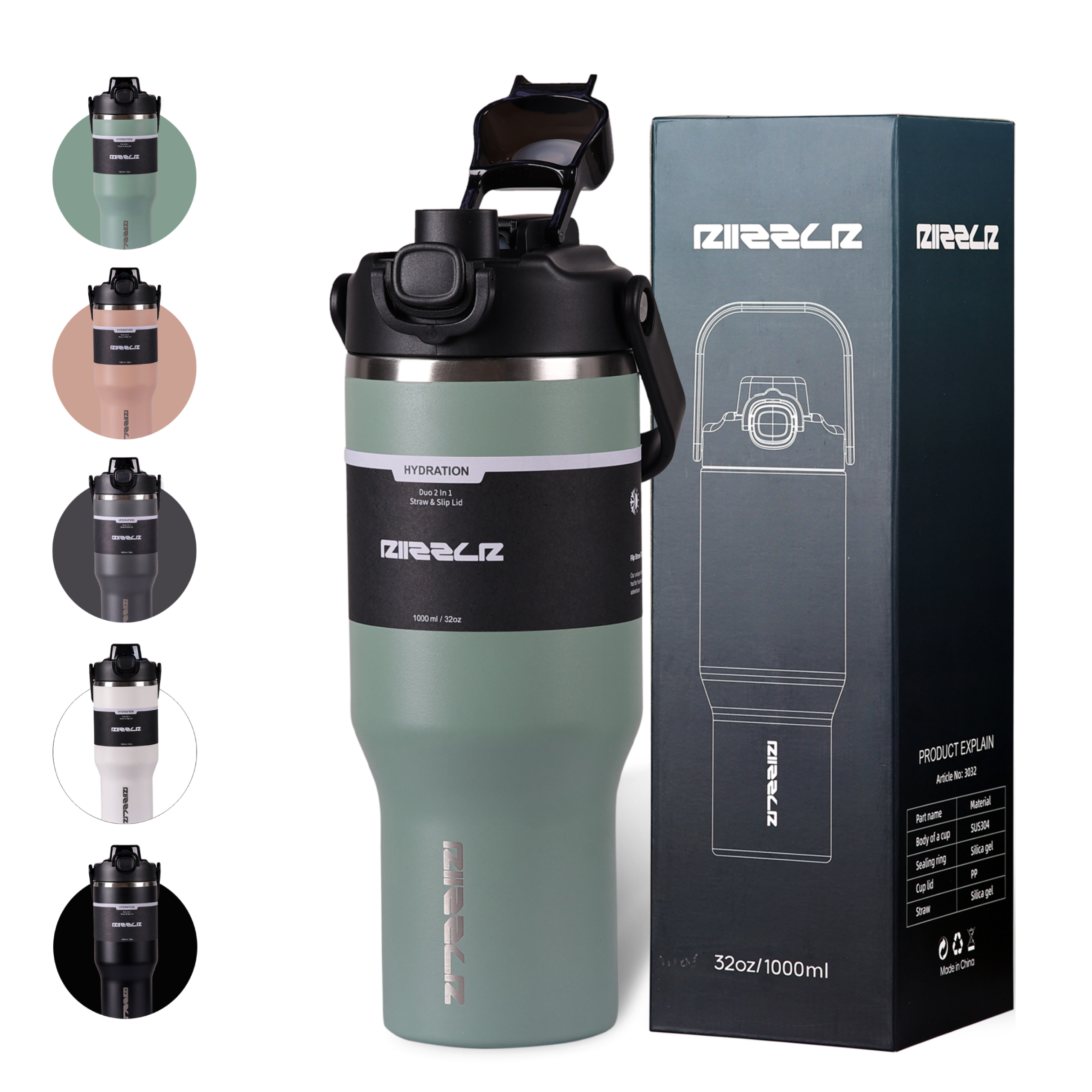 Green water bottle tumbler with black cap and Riizzlr brand packaging on a white background
