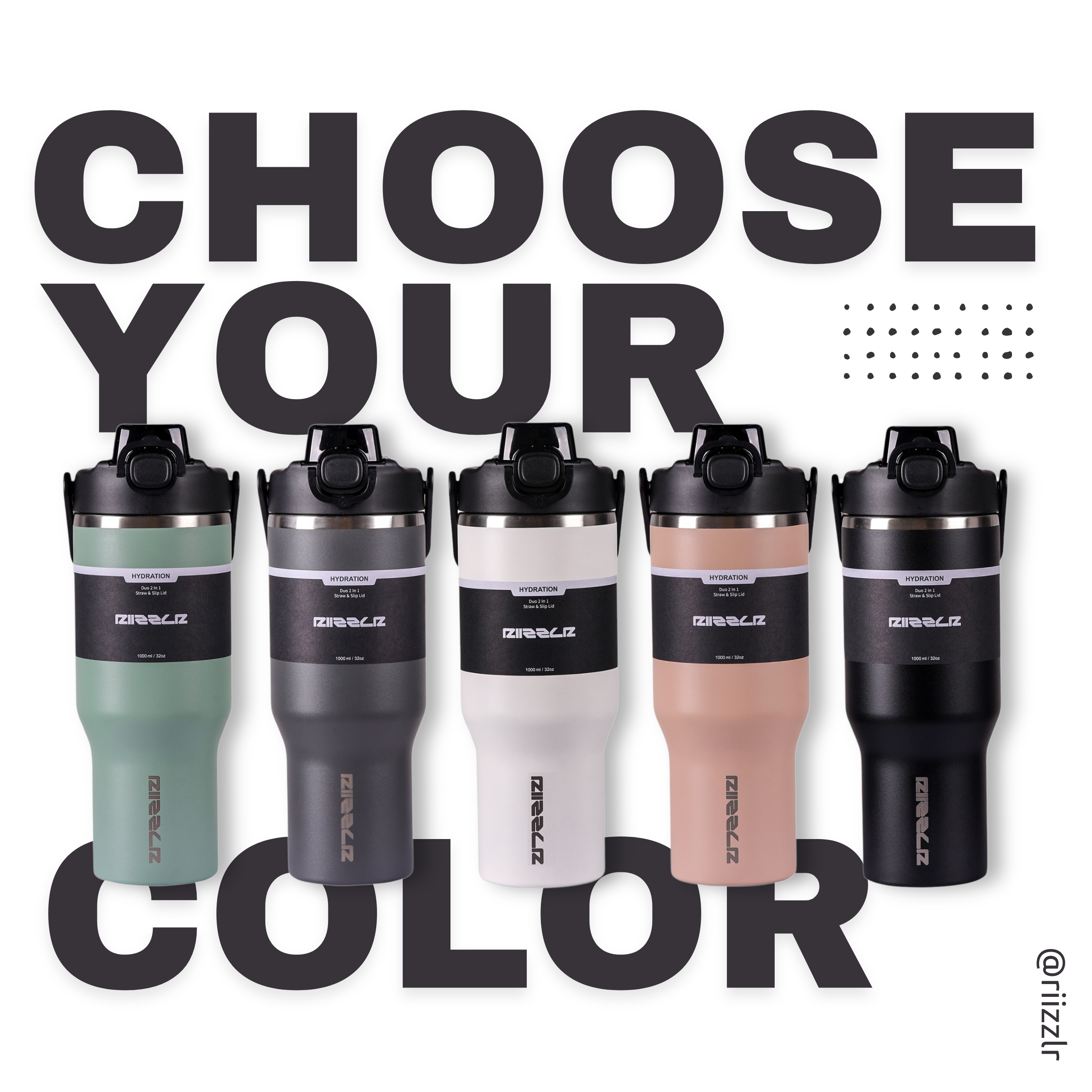 Set of insulated travel mugs in various colors with 'Choose Your Color' text.