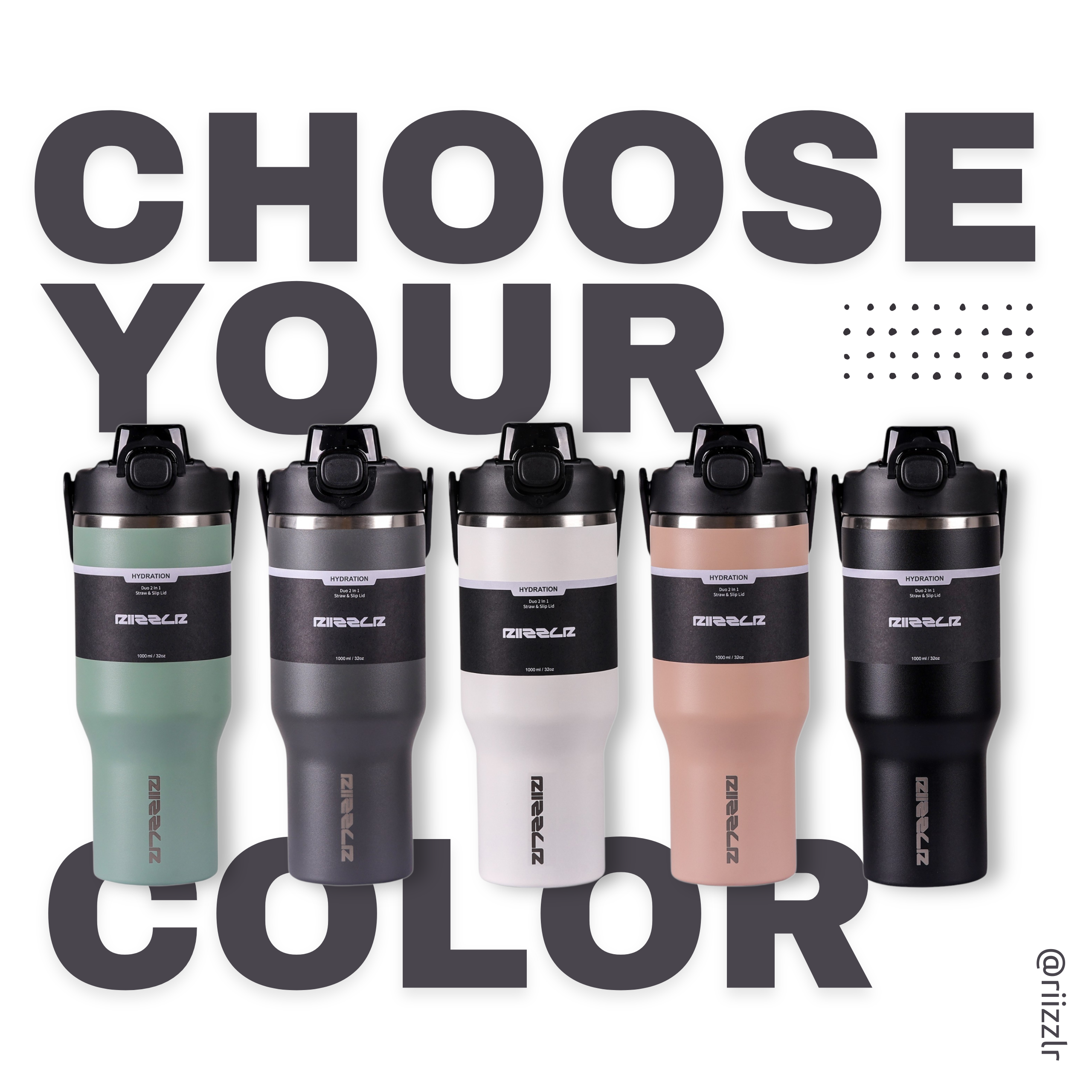 Gray - Set of insulated travel mugs in various colors with 'Choose Your Color' text.
