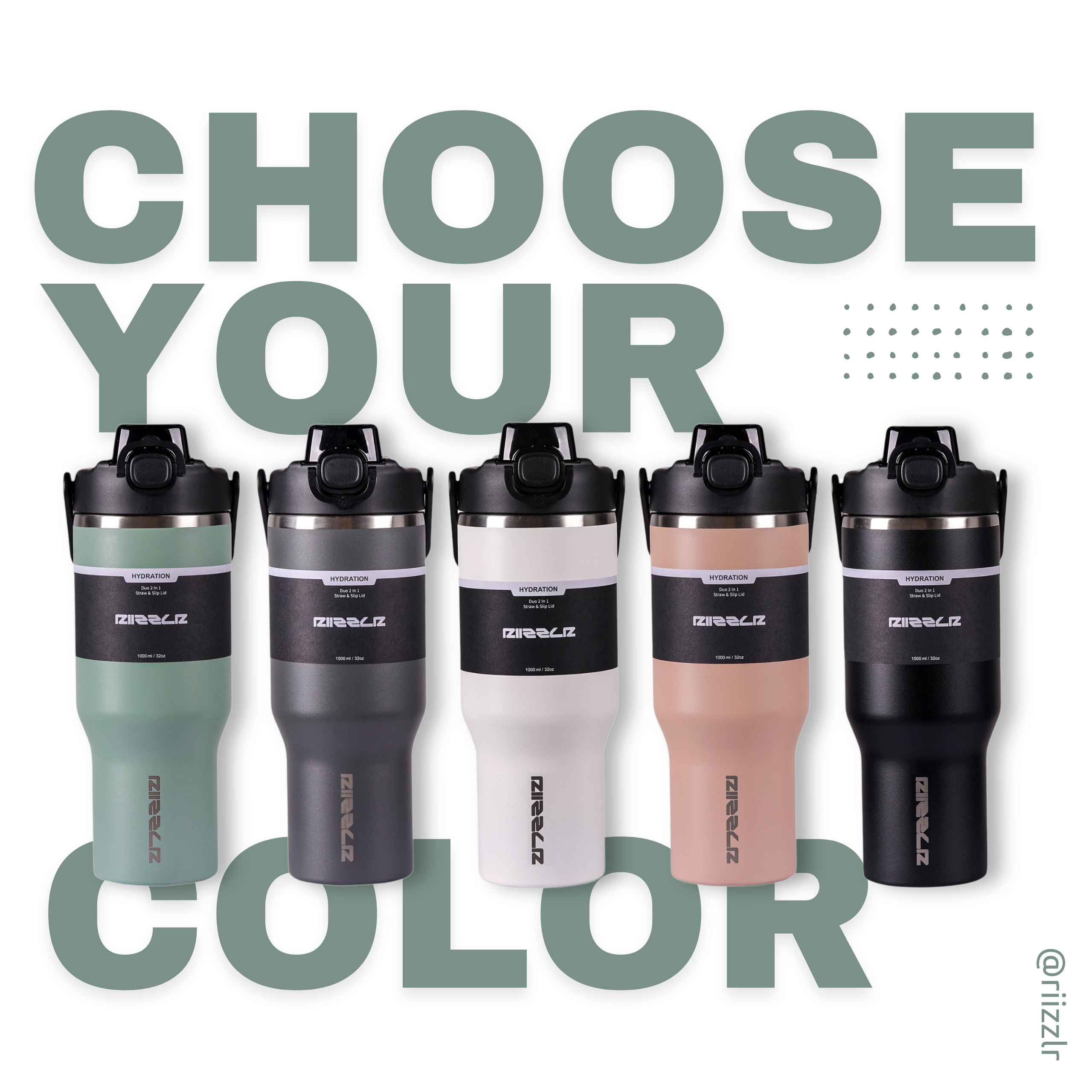 Set of five insulated shakers in different colors with 'Choose Your Color' text above them.