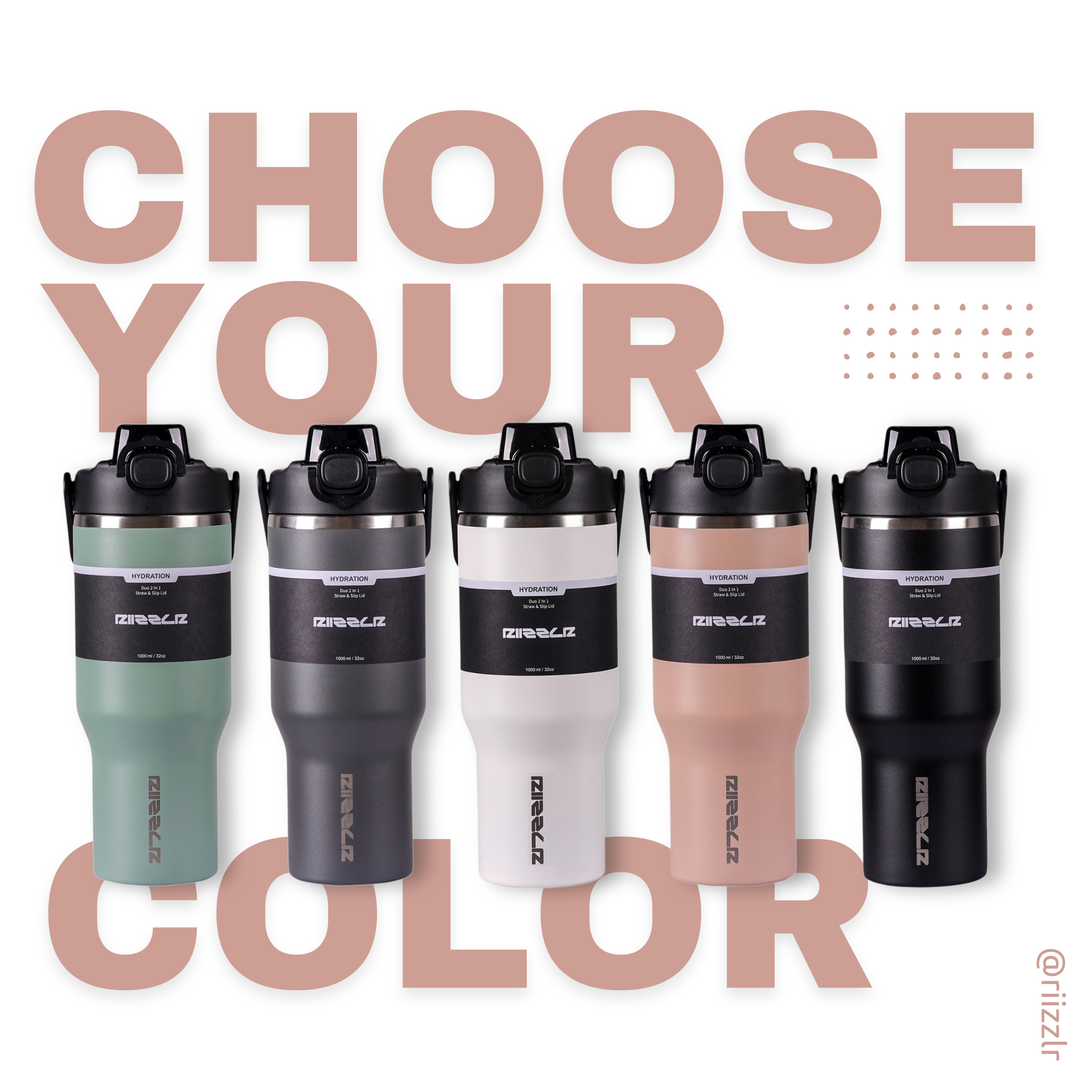 Set of five insulated travel mugs in different colors with 'Choose Your Color' text above.