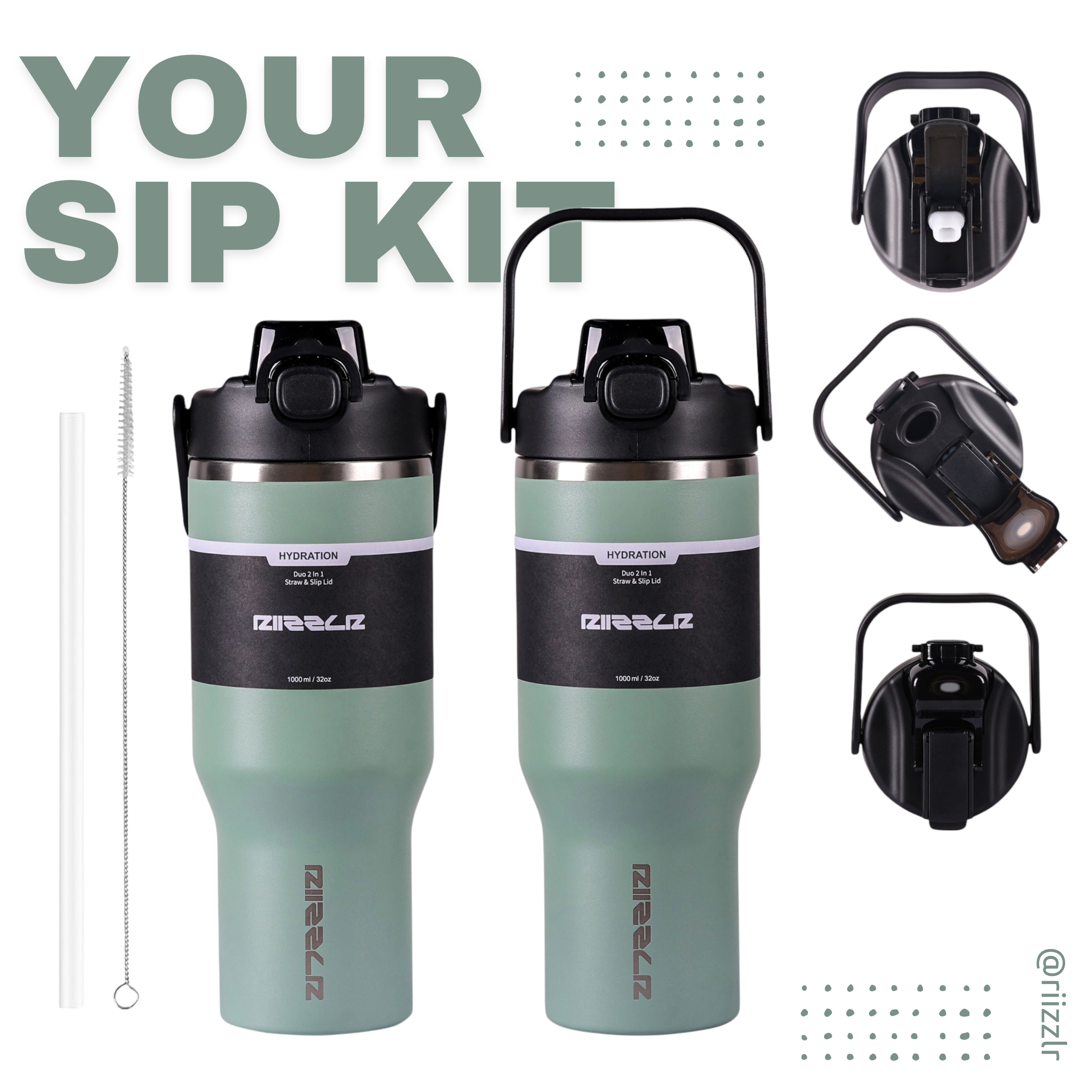 Two green water bottles with black lids, a straw, and earbuds on a white background.