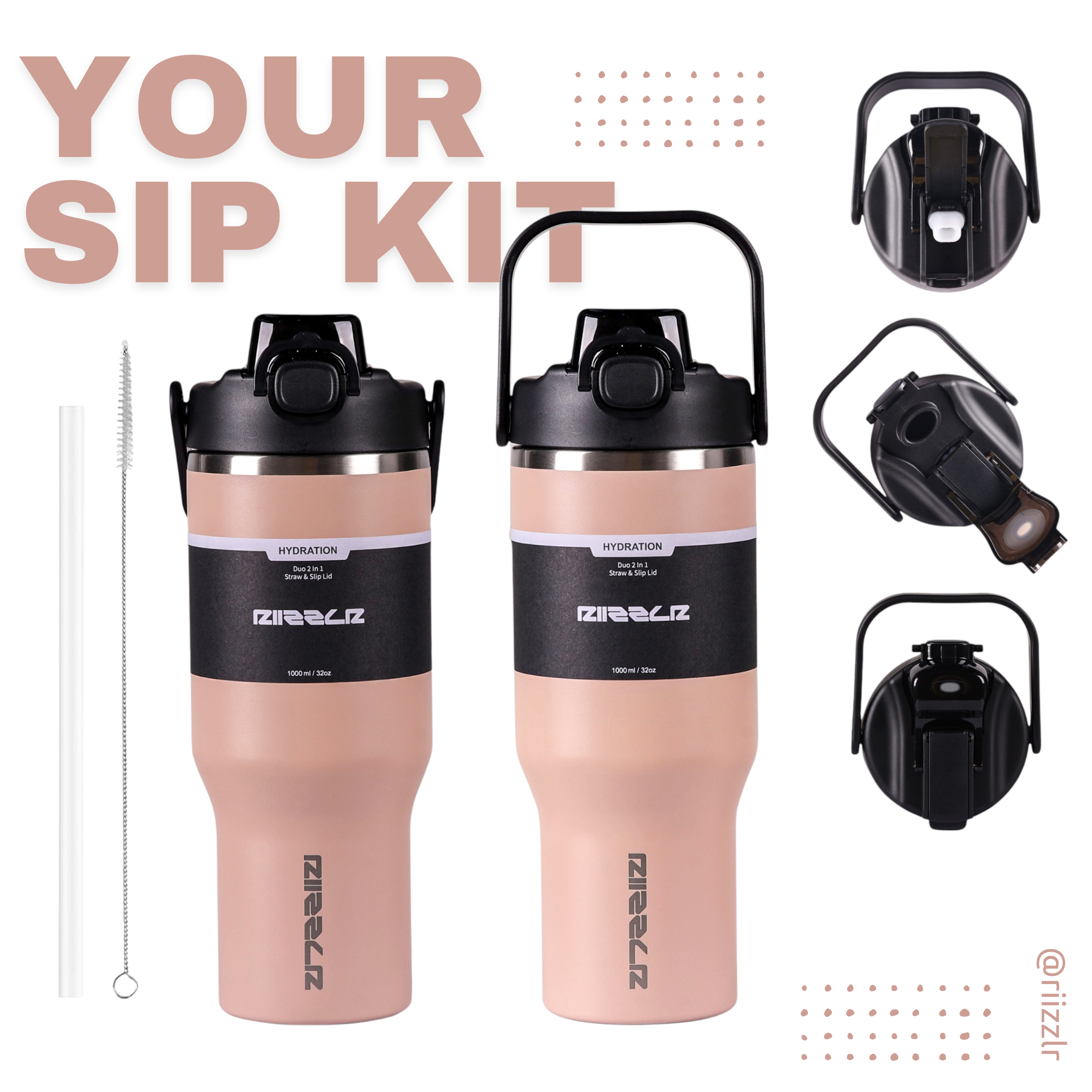 Two pink insulated cups with black lids and straws, earbuds, and a straw on a white background.
