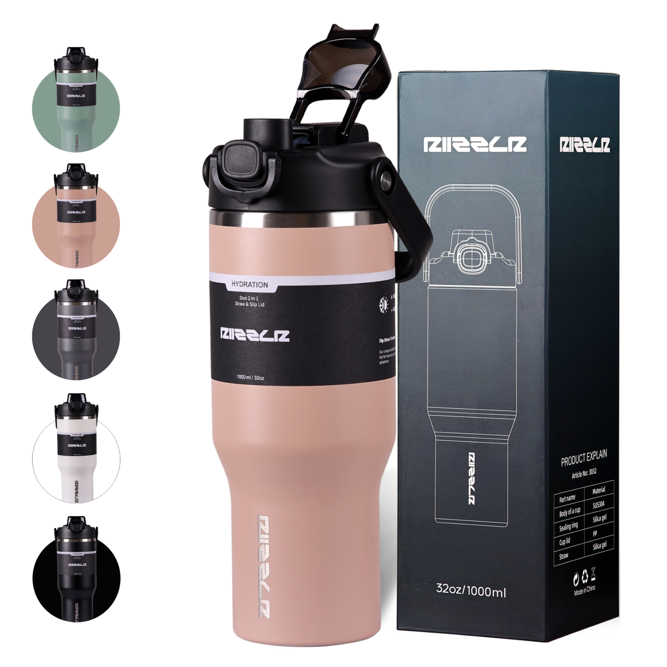 Pink water bottle with black lid and black band, next to its packaging box on a white background
