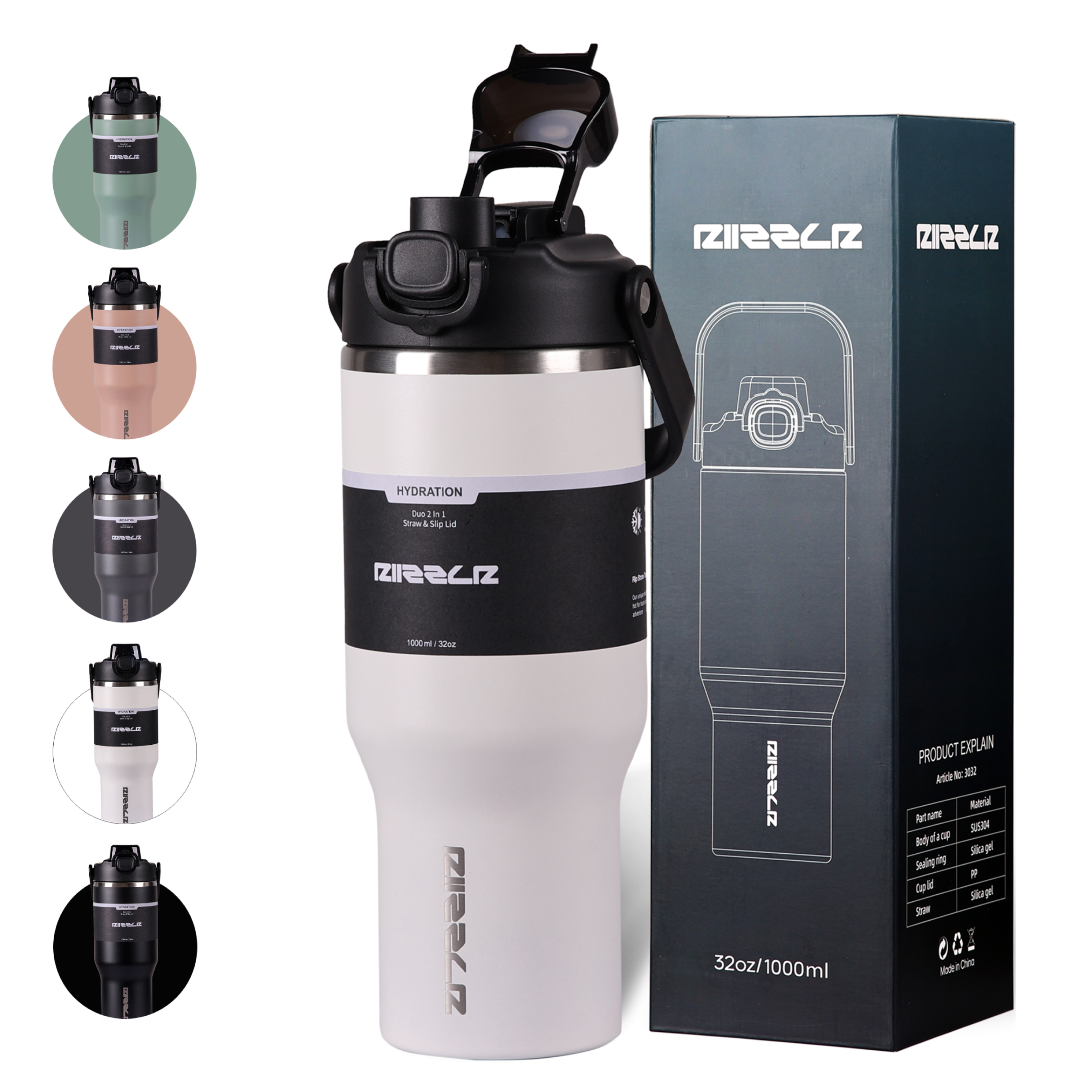White water bottle with black cap and branding, next to a branded box on a white background
