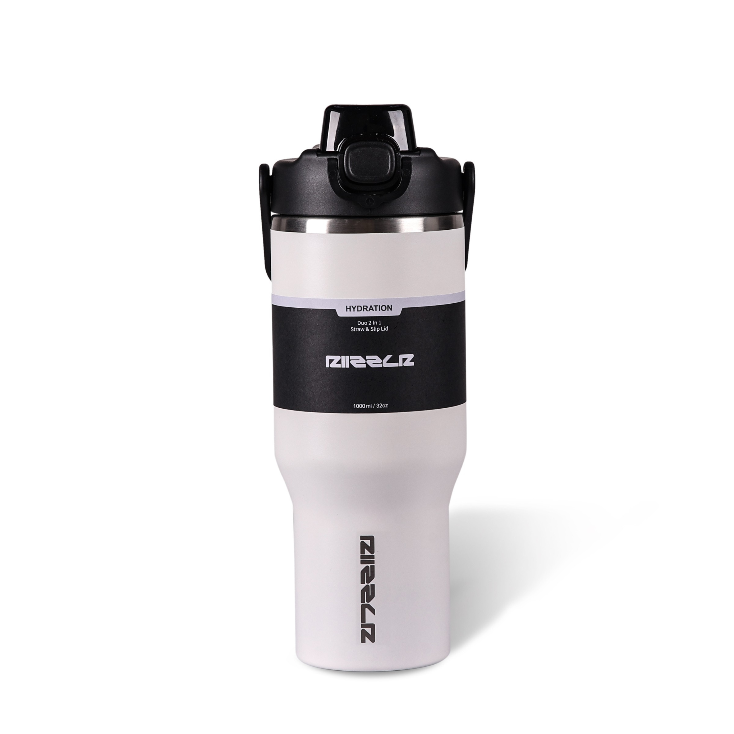 White water bottle with black lid and branding on a white background